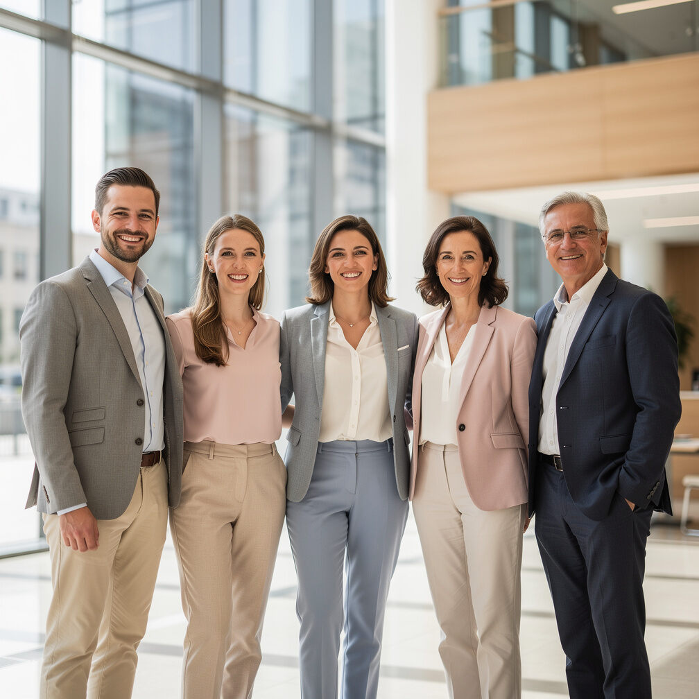 Group of diverse professionals standing together and smiling