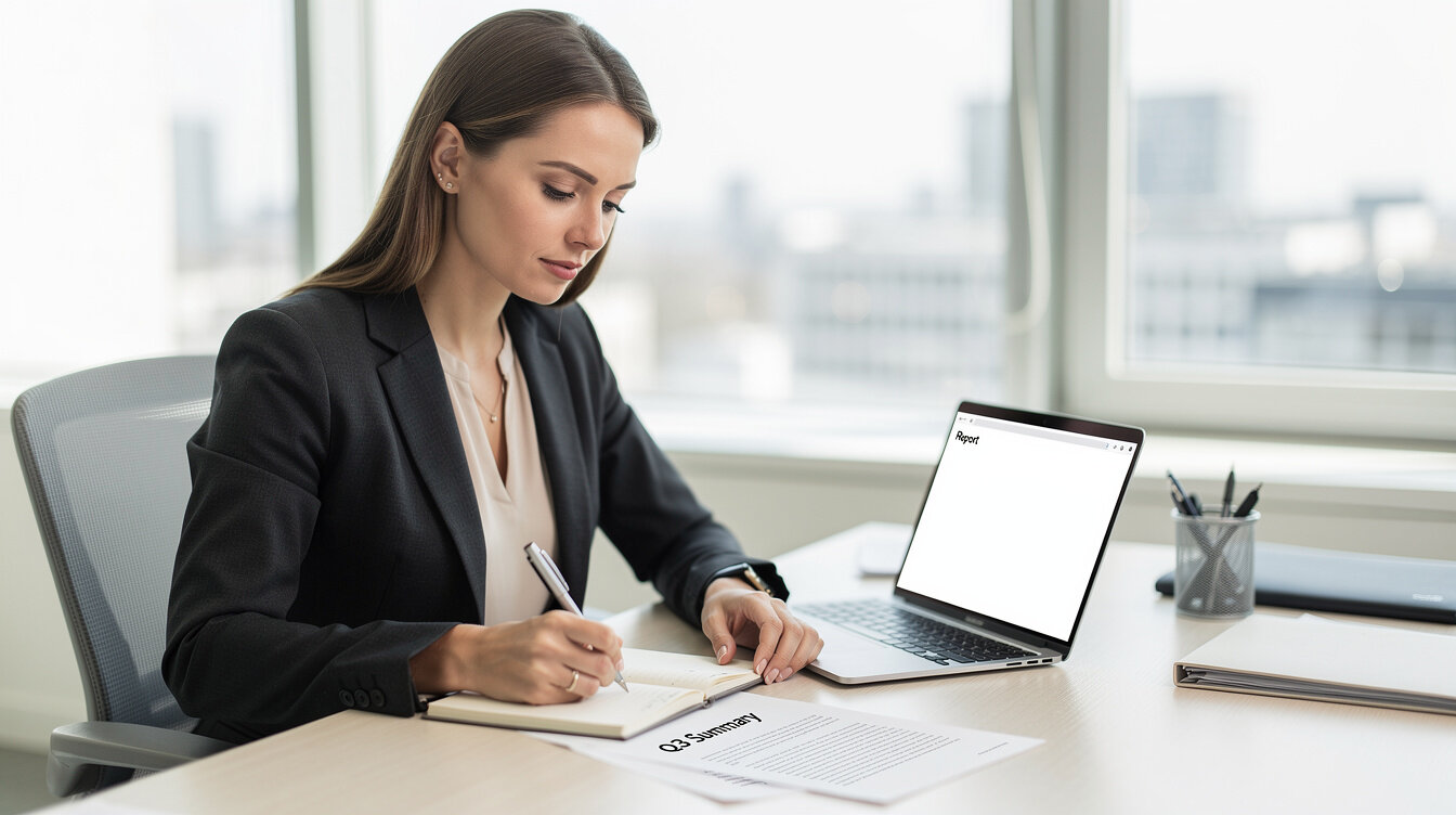 Professional reviewing documents and notes at a desk