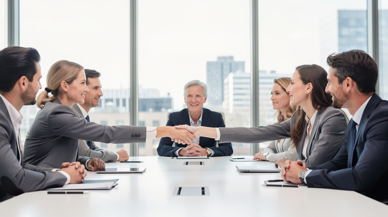 Two business parties reaching agreement during mediation